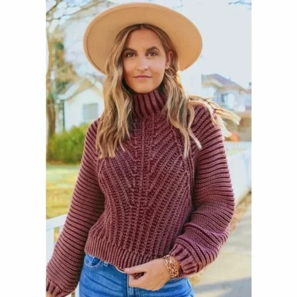 Free People Sweetheart Mock Neck Sweater Wine Burgundy Size XL - Picture 2 of 7